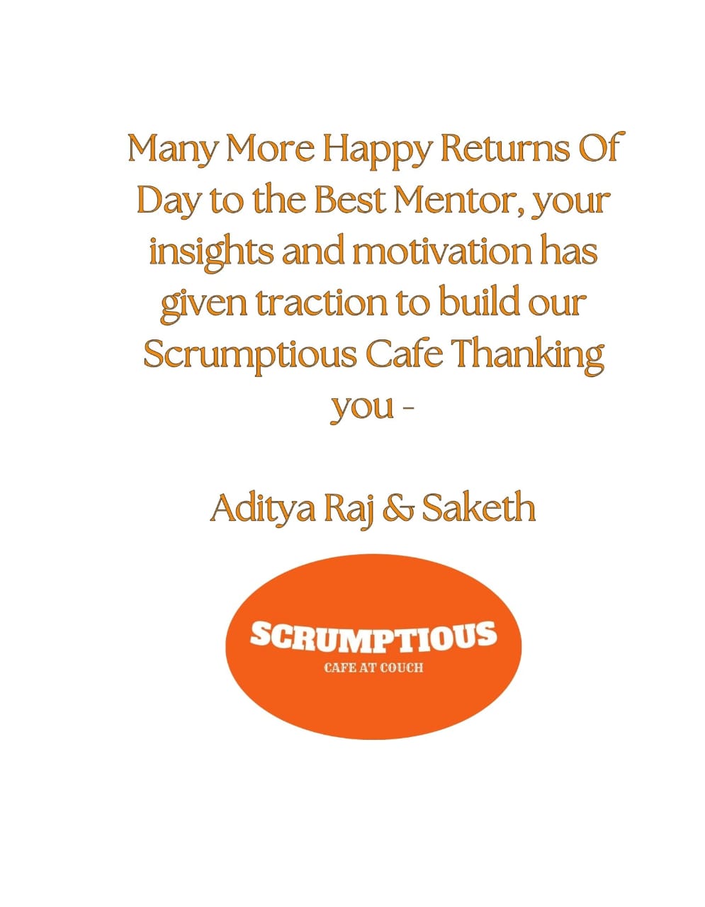 Heartfelt birthday message card from Aditya Raj and Saketh to Vineel Anna with Scrumptious branding